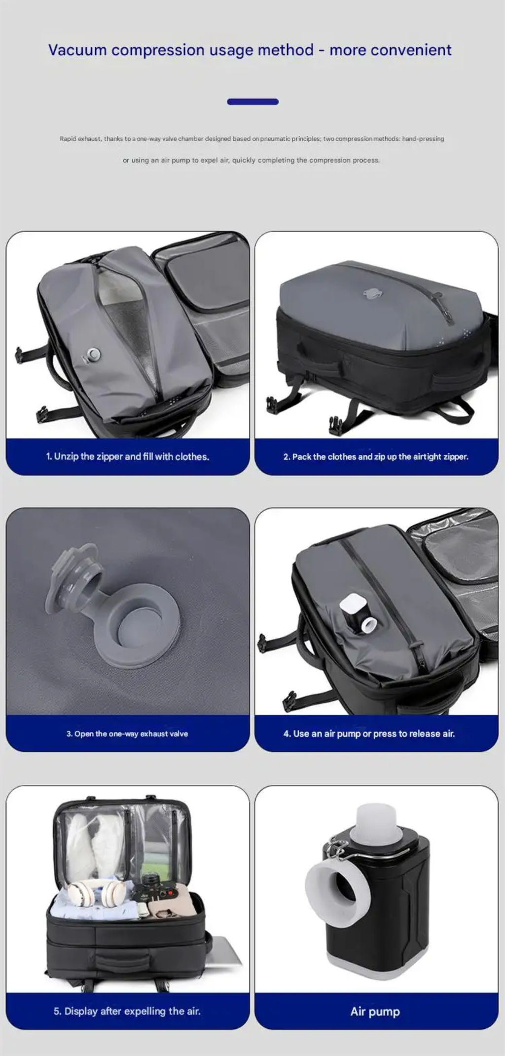 Vacuum Compression Travel Backpack 17" | Built-in Air Pump